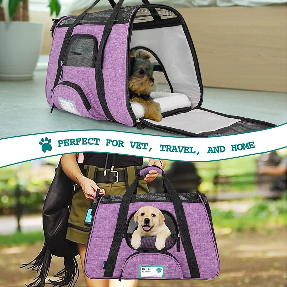Petami Airline Approved Pet Carrier for Cat, Soft Sided Dog Carrier for Small Dog, Cat Travel Supplies Accessories for Indoor Cat, Ventilated Pet Carrying Bag Medium Kitten Puppy, Large Heather Purple