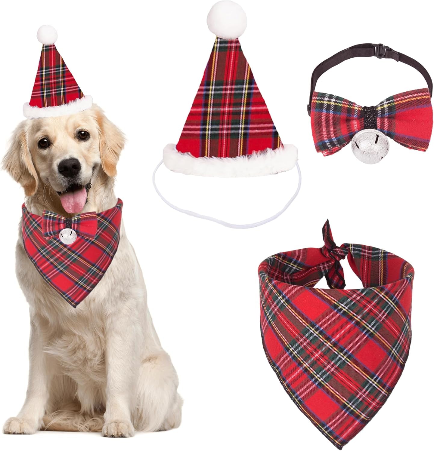 ADOGGYGO Christmas Dog Bandana Hat Bow Tie Set - Classic Red Plaid Pet Xmas Scarf Hat Christmas Costume Outfit for Medium Large Dogs Pets (Large)