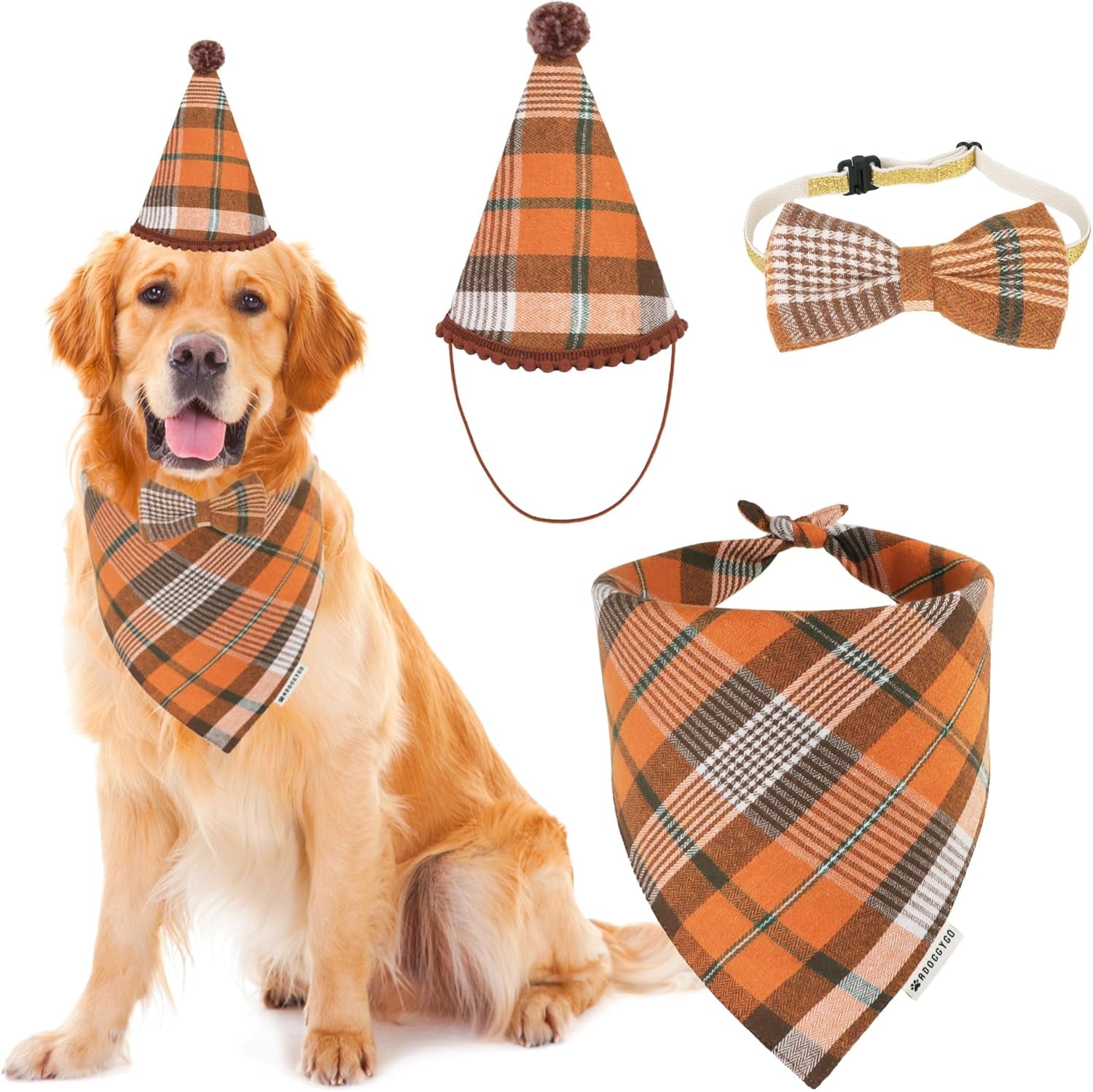 ADOGGYGO Christmas Dog Bandana Hat Bow Tie Set - Classic Red Plaid Pet Xmas Scarf Hat Christmas Costume Outfit for Medium Large Dogs Pets (Large)