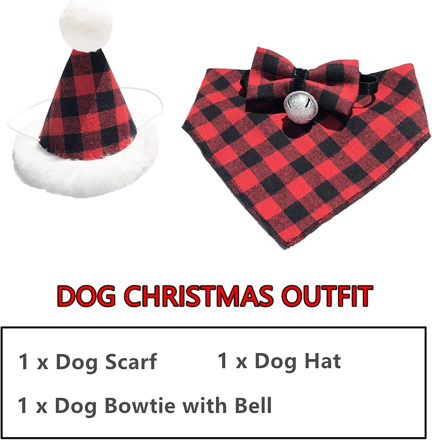 ADOGGYGO Christmas Dog Bandana Hat Bow Tie Set - Classic Red Plaid Pet Xmas Scarf Hat Christmas Costume Outfit for Medium Large Dogs Pets (Large)