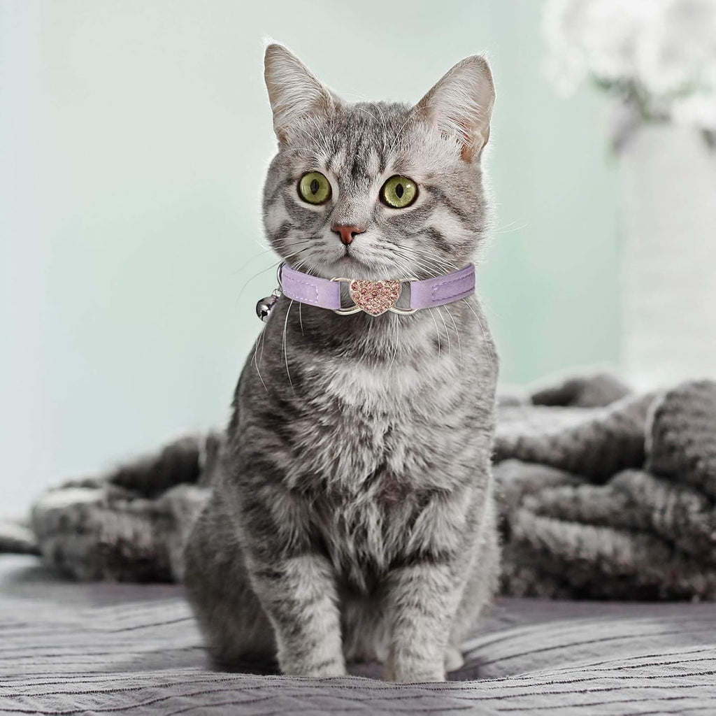 4-Pack Velvet Rhinestone Cat Collars with Bells – Breakaway, Adjustable, Pink & Purple