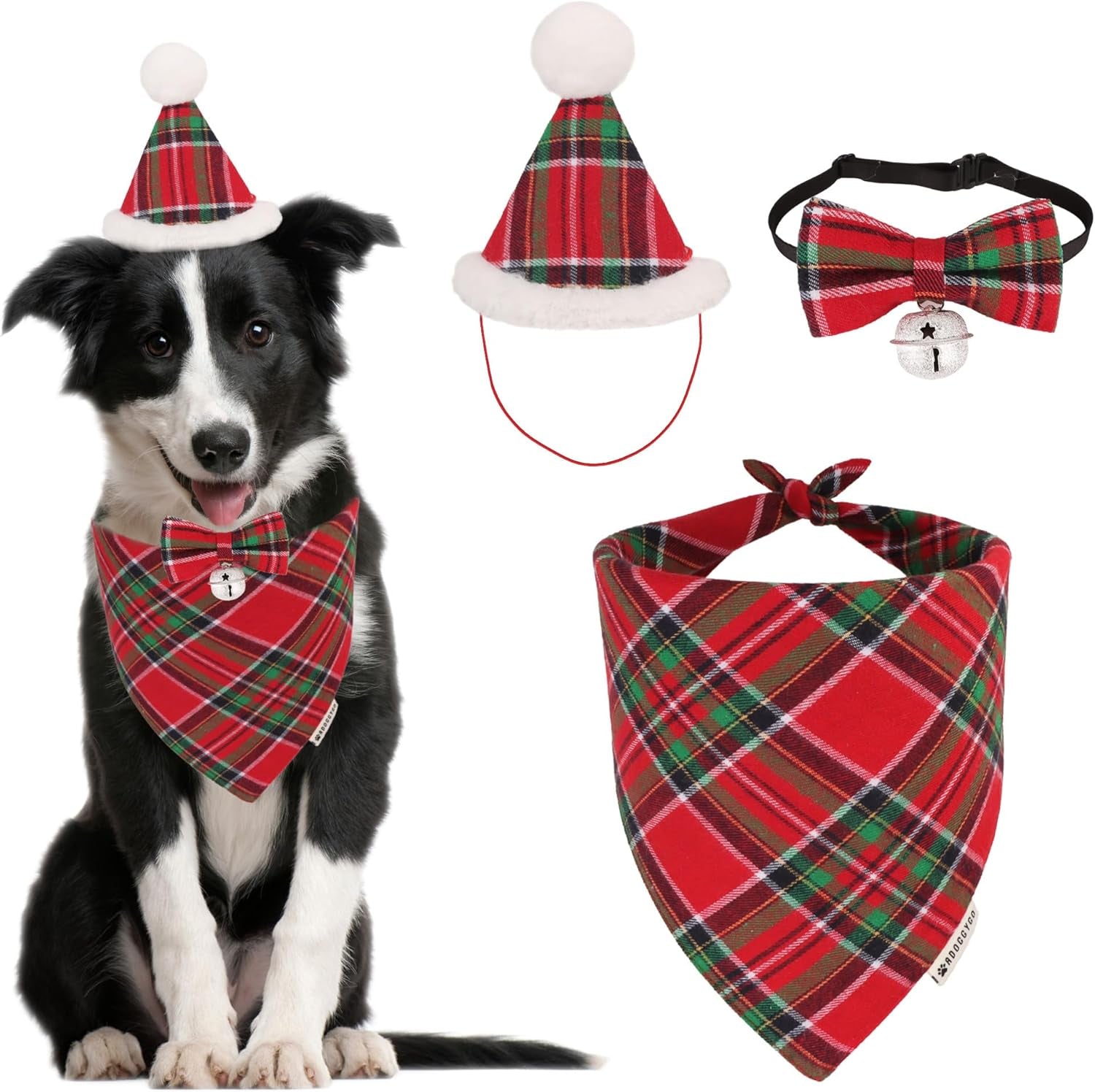 ADOGGYGO Christmas Dog Bandana Hat Bow Tie Set - Classic Red Plaid Pet Xmas Scarf Hat Christmas Costume Outfit for Medium Large Dogs Pets (Large)
