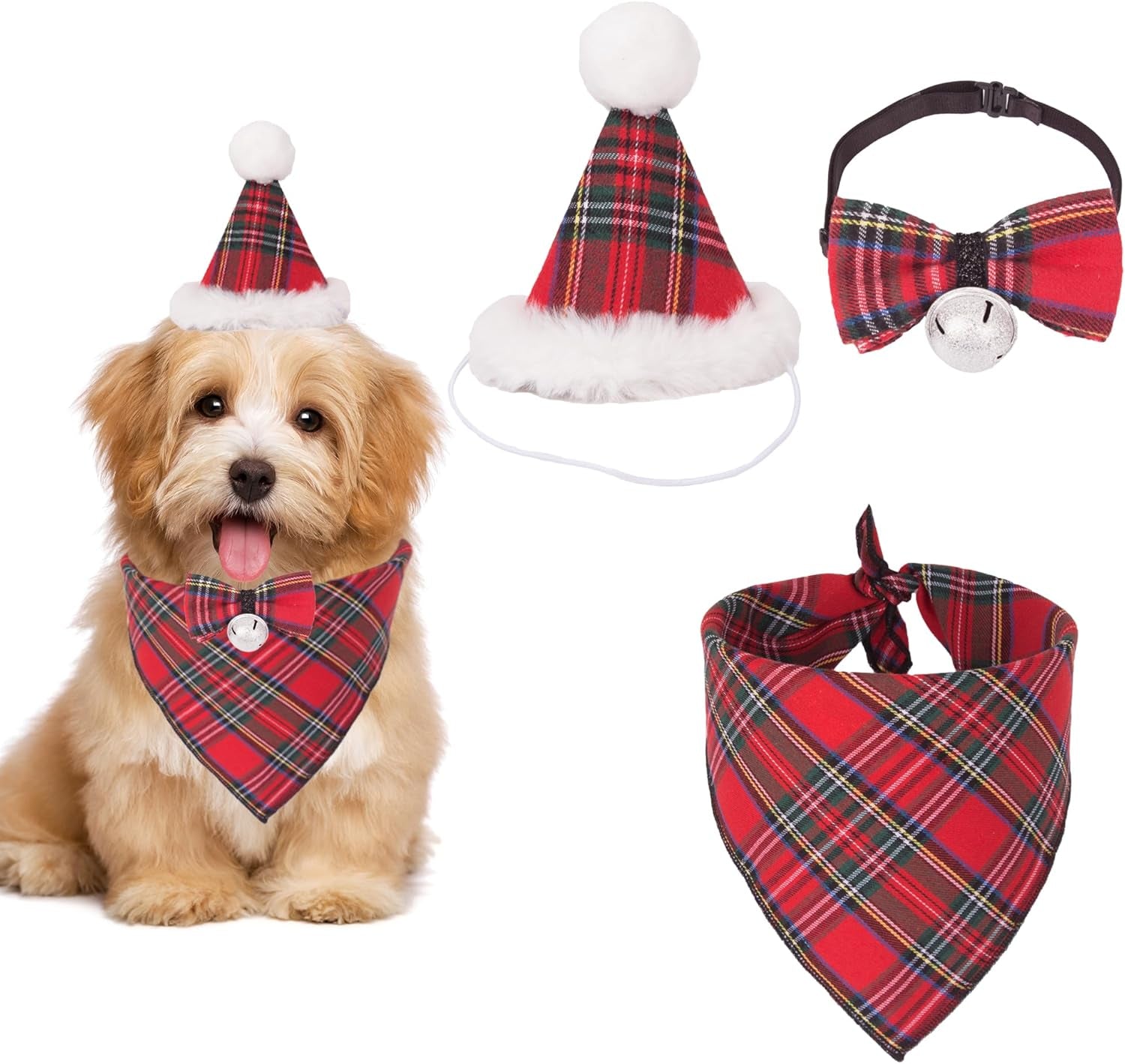 ADOGGYGO Christmas Dog Bandana Hat Bow Tie Set - Classic Red Plaid Pet Xmas Scarf Hat Christmas Costume Outfit for Medium Large Dogs Pets (Large)