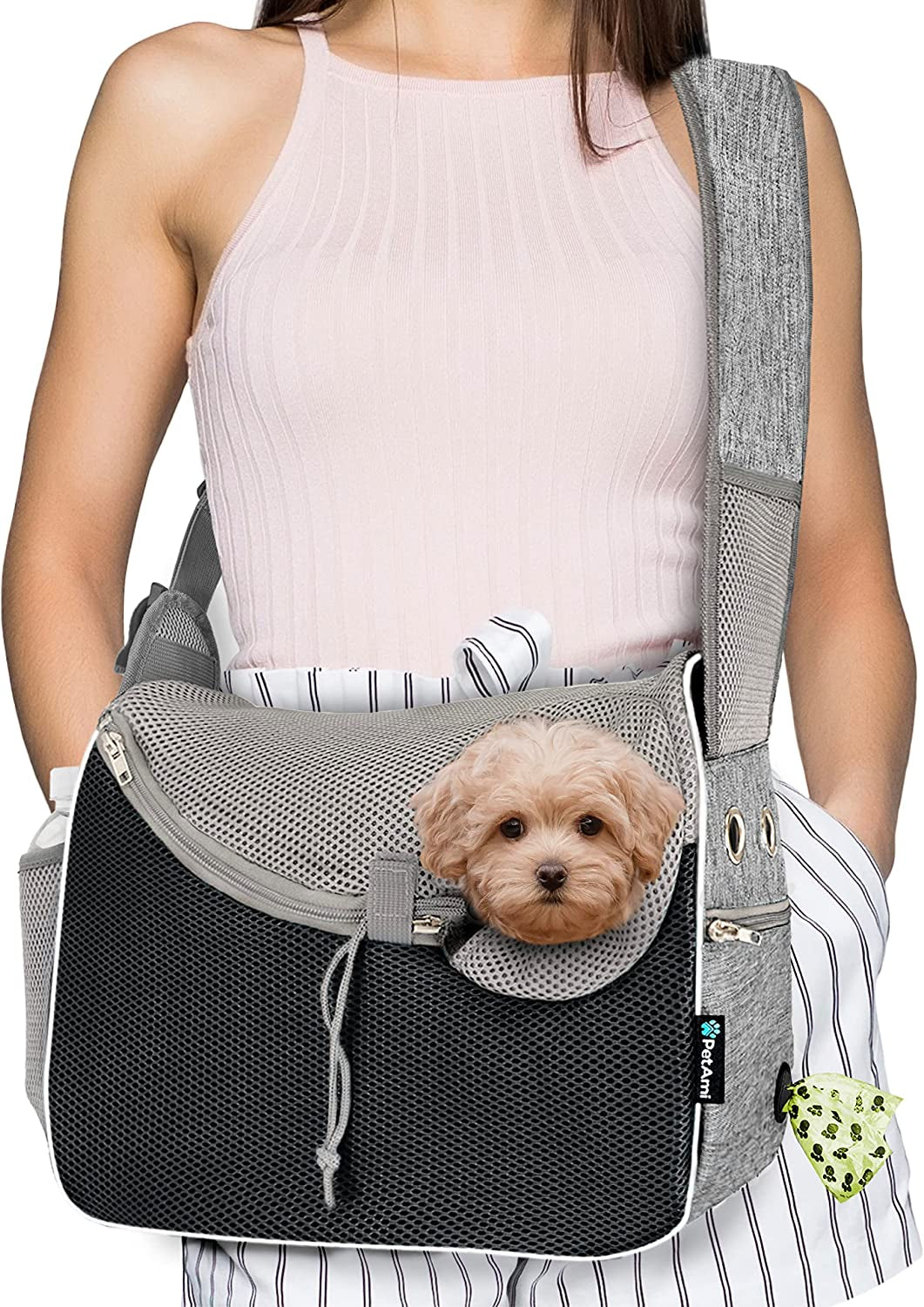 Petami Small Dog Sling Carrier, Soft-Sided Crossbody Puppy Carrying Purse Bag, Adjustable Sling Pet Pouch to Wear Medium Dog Cat Travel, Dog Bag for Traveling, Poop Bag Dispenser, Max 10 Lbs, Blue