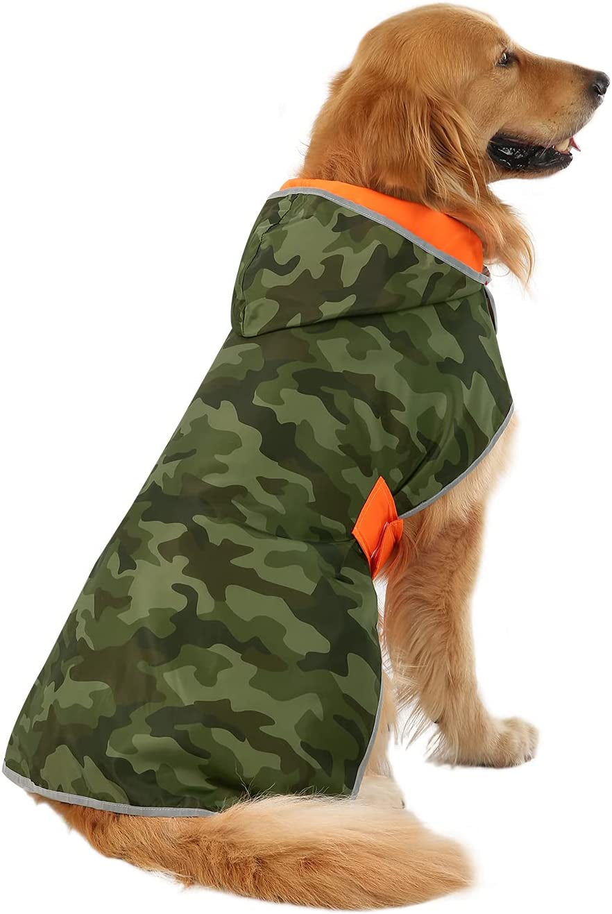 HDE Reversible Dog Raincoat Hooded Slicker Poncho Rain Coat Jacket for Small Medium Large Dogs Camo Orange - L