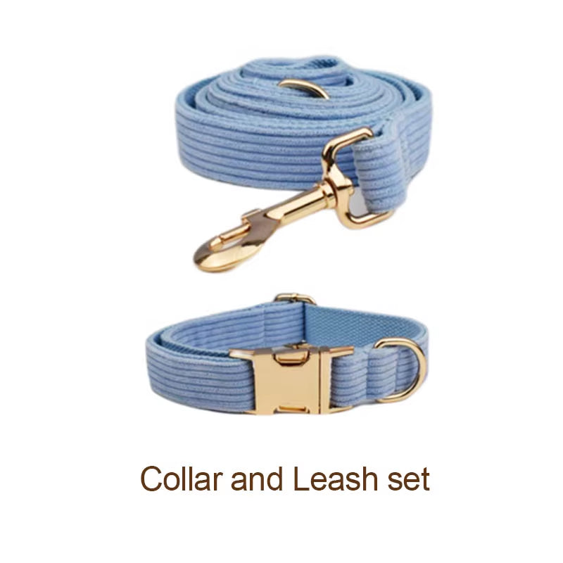 Blue Corduroy Dog Collar and Leash Set for Dogs