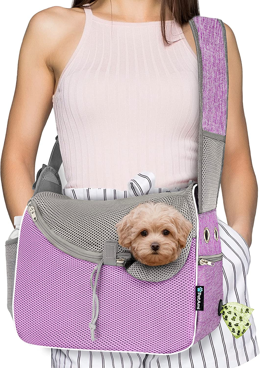 Petami Small Dog Sling Carrier, Soft-Sided Crossbody Puppy Carrying Purse Bag, Adjustable Sling Pet Pouch to Wear Medium Dog Cat Travel, Dog Bag for Traveling, Poop Bag Dispenser, Max 10 Lbs, Blue