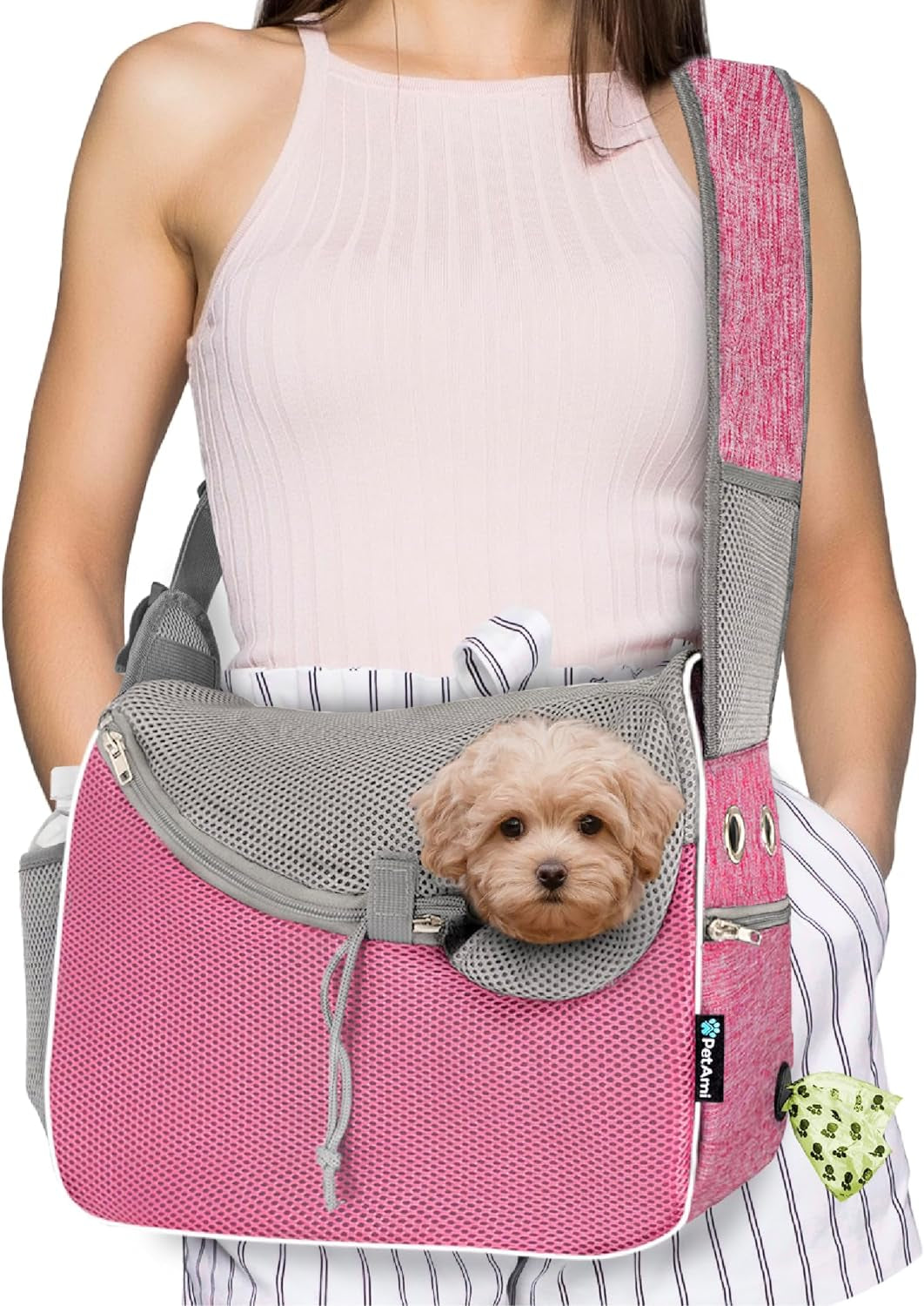 Petami Small Dog Sling Carrier, Soft-Sided Crossbody Puppy Carrying Purse Bag, Adjustable Sling Pet Pouch to Wear Medium Dog Cat Travel, Dog Bag for Traveling, Poop Bag Dispenser, Max 10 Lbs, Blue