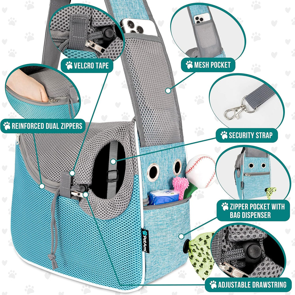 Petami Small Dog Sling Carrier, Soft-Sided Crossbody Puppy Carrying Purse Bag, Adjustable Sling Pet Pouch to Wear Medium Dog Cat Travel, Dog Bag for Traveling, Poop Bag Dispenser, Max 10 Lbs, Blue