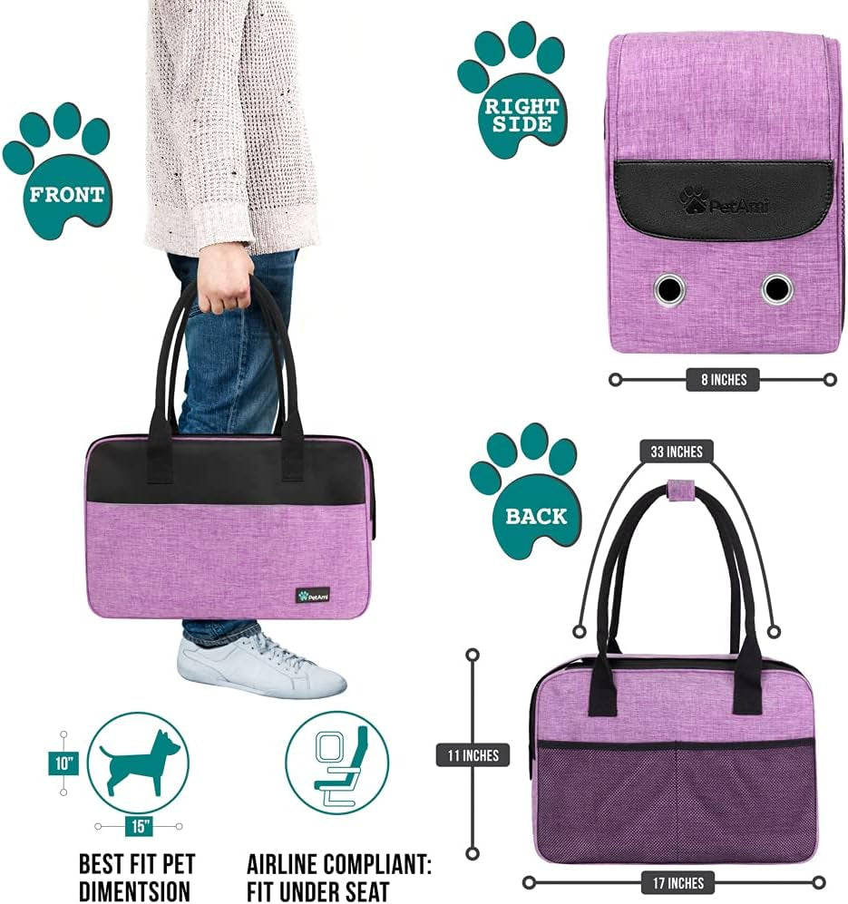 Petami Dog Purse Carrier for Small Dogs, Airline Approved Soft Sided Pet Carrier with Pockets, Ventilated Dog Carrying Bag for Puppy Cat, Dog Travel Supplies Bag, Sherpa Bed, Max 12 Lbs, Purple