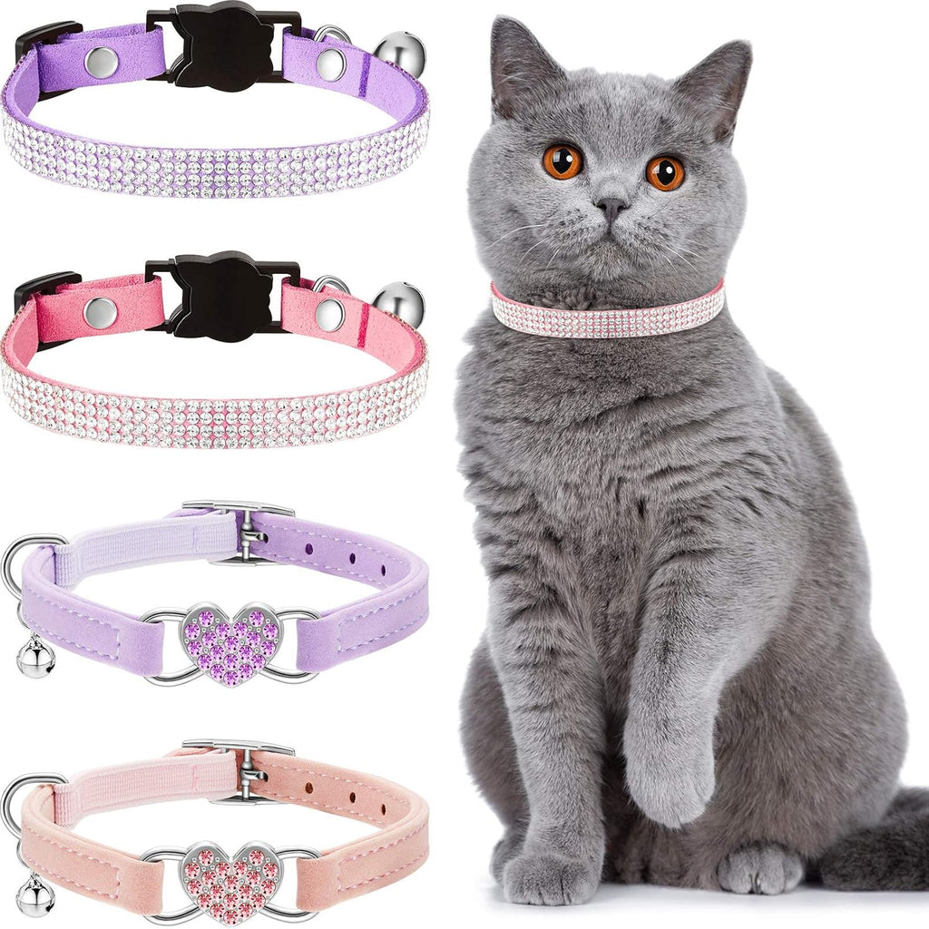 4-Pack Velvet Rhinestone Cat Collars with Bells – Breakaway, Adjustable, Pink & Purple