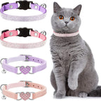 4-Pack Velvet Rhinestone Cat Collars with Bells – Breakaway, Adjustable, Pink & Purple
