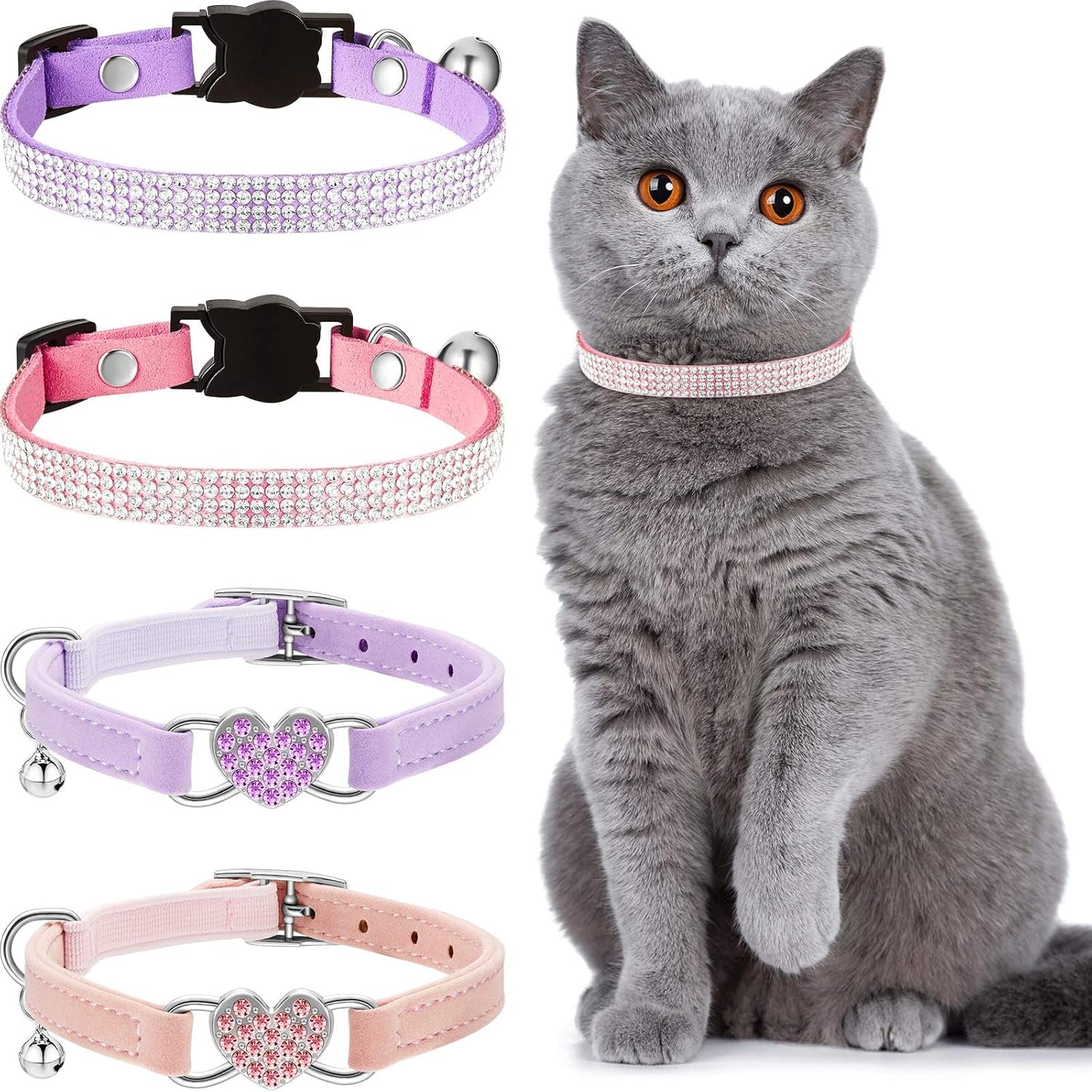 4-Pack Velvet Rhinestone Cat Collars with Bells – Breakaway, Adjustable, Pink & Purple