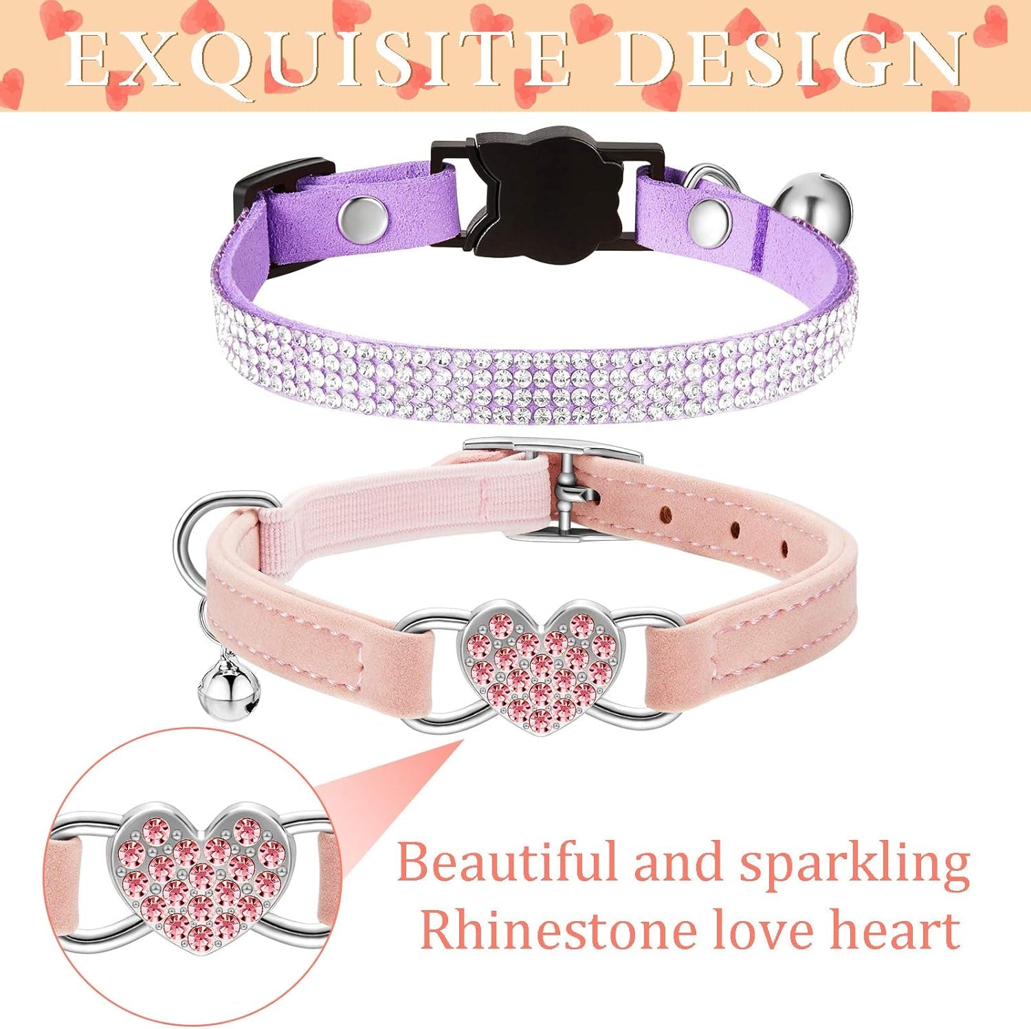 4-Pack Velvet Rhinestone Cat Collars with Bells – Breakaway, Adjustable, Pink & Purple