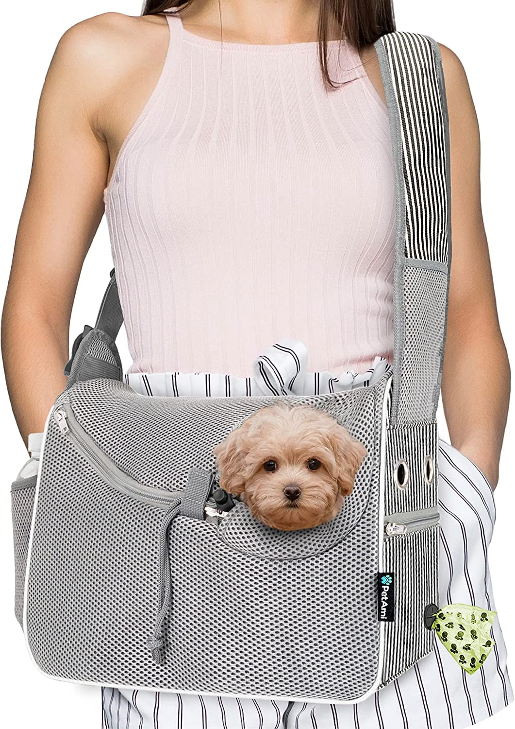 Petami Small Dog Sling Carrier, Soft-Sided Crossbody Puppy Carrying Purse Bag, Adjustable Sling Pet Pouch to Wear Medium Dog Cat Travel, Dog Bag for Traveling, Poop Bag Dispenser, Max 10 Lbs, Blue