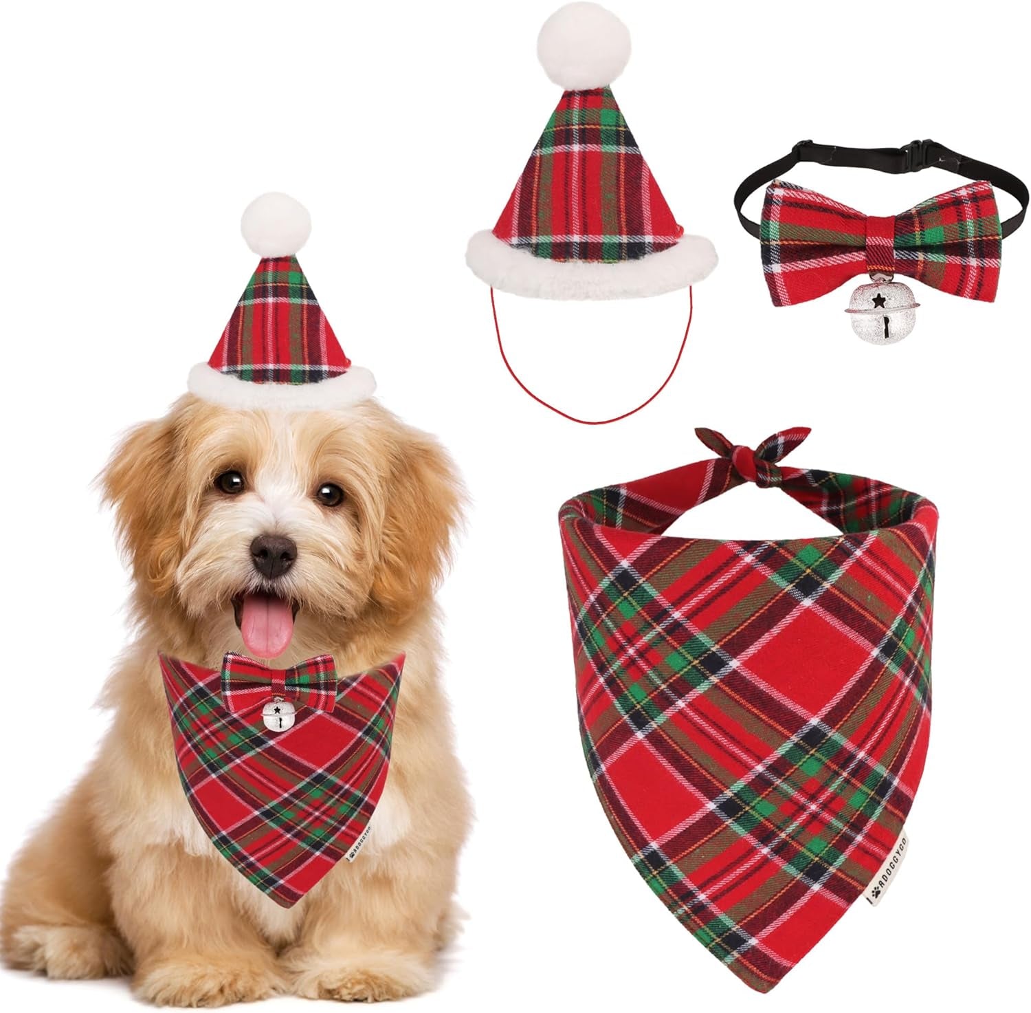 ADOGGYGO Christmas Dog Bandana Hat Bow Tie Set - Classic Red Plaid Pet Xmas Scarf Hat Christmas Costume Outfit for Medium Large Dogs Pets (Large)