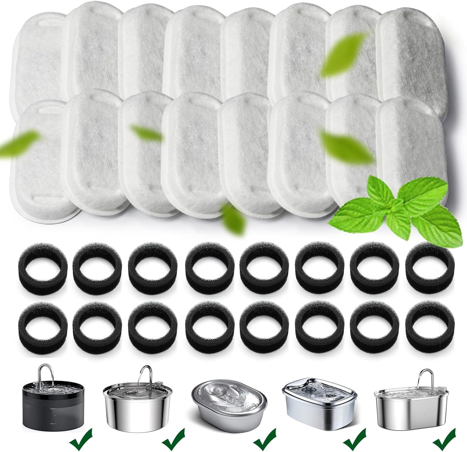 Cat Water Fountain Filter,16 Pack Cat Fountain Replacement Filters for Stainless Steel 67Oz/2L Adjustable Water Flow Pet Water Fountain,Dog Water Fountain (8+8 Pack)