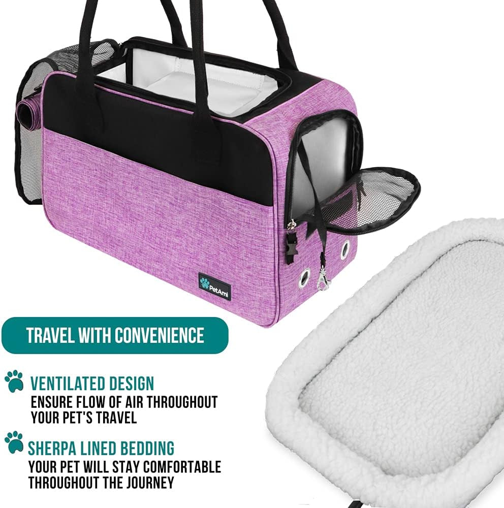 Petami Dog Purse Carrier for Small Dogs, Airline Approved Soft Sided Pet Carrier with Pockets, Ventilated Dog Carrying Bag for Puppy Cat, Dog Travel Supplies Bag, Sherpa Bed, Max 12 Lbs, Purple