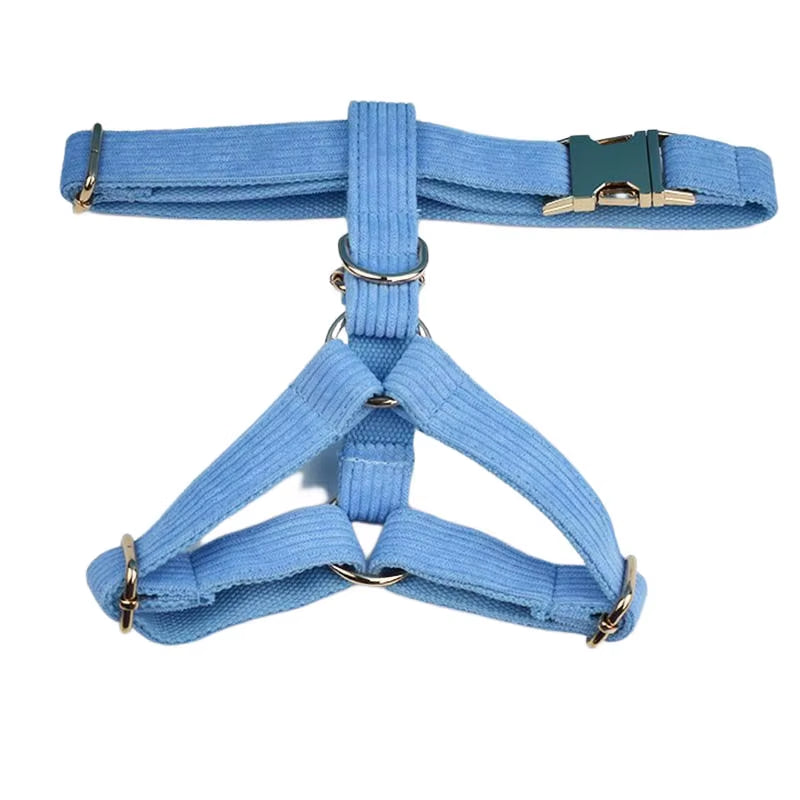 Blue Corduroy Dog Collar and Leash Set for Dogs