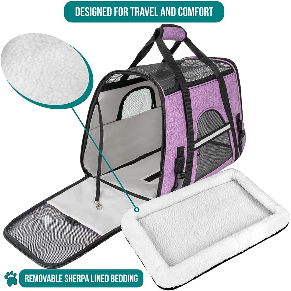 Petami Airline Approved Pet Carrier for Cat, Soft Sided Dog Carrier for Small Dog, Cat Travel Supplies Accessories for Indoor Cat, Ventilated Pet Carrying Bag Medium Kitten Puppy, Large Heather Purple