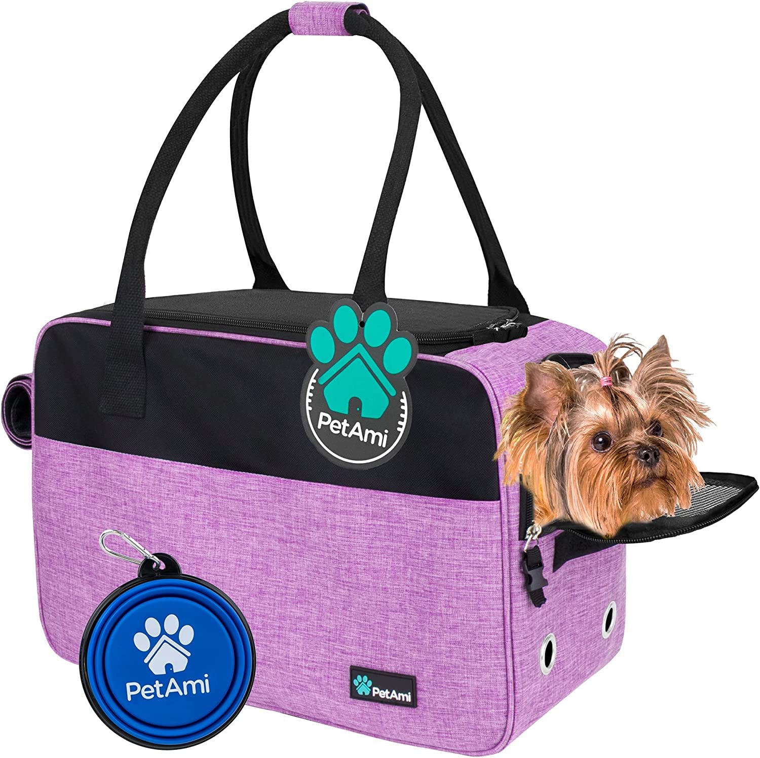 Petami Dog Purse Carrier for Small Dogs, Airline Approved Soft Sided Pet Carrier with Pockets, Ventilated Dog Carrying Bag for Puppy Cat, Dog Travel Supplies Bag, Sherpa Bed, Max 12 Lbs, Purple