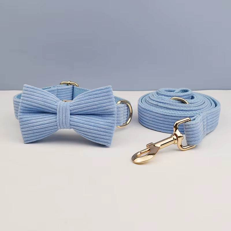 Blue Corduroy Dog Collar and Leash Set for Dogs