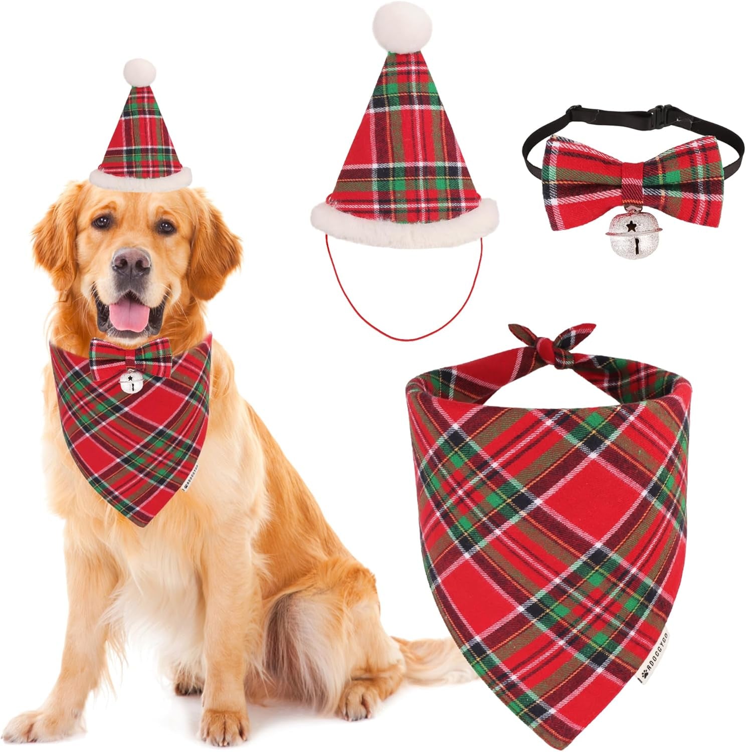 ADOGGYGO Christmas Dog Bandana Hat Bow Tie Set - Classic Red Plaid Pet Xmas Scarf Hat Christmas Costume Outfit for Medium Large Dogs Pets (Large)