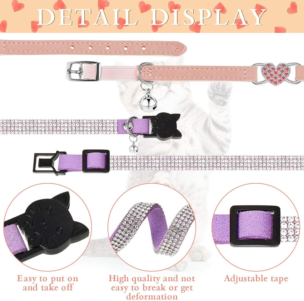4-Pack Velvet Rhinestone Cat Collars with Bells – Breakaway, Adjustable, Pink & Purple