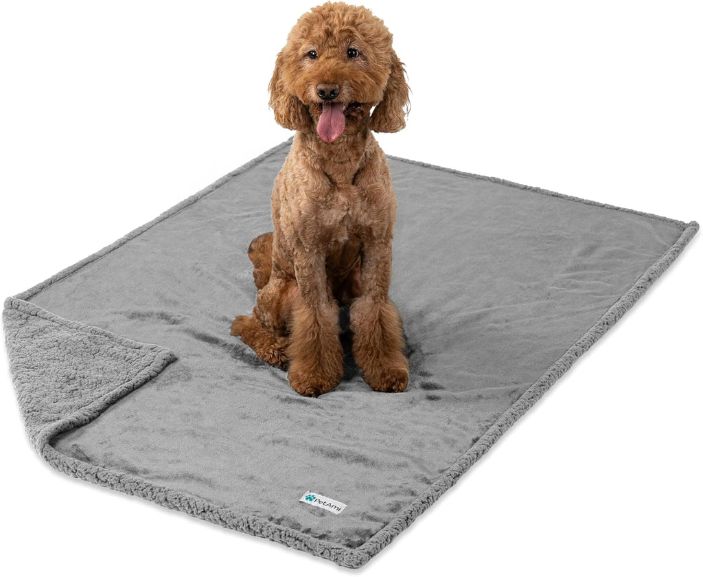 Petami Waterproof Dog Blanket for Queen Bed Large XL Dog Throw for Couch Cover Leakproof Furniture Protection, Sherpa Fleece, Reversible Soft Washable 90X90 Light Gray