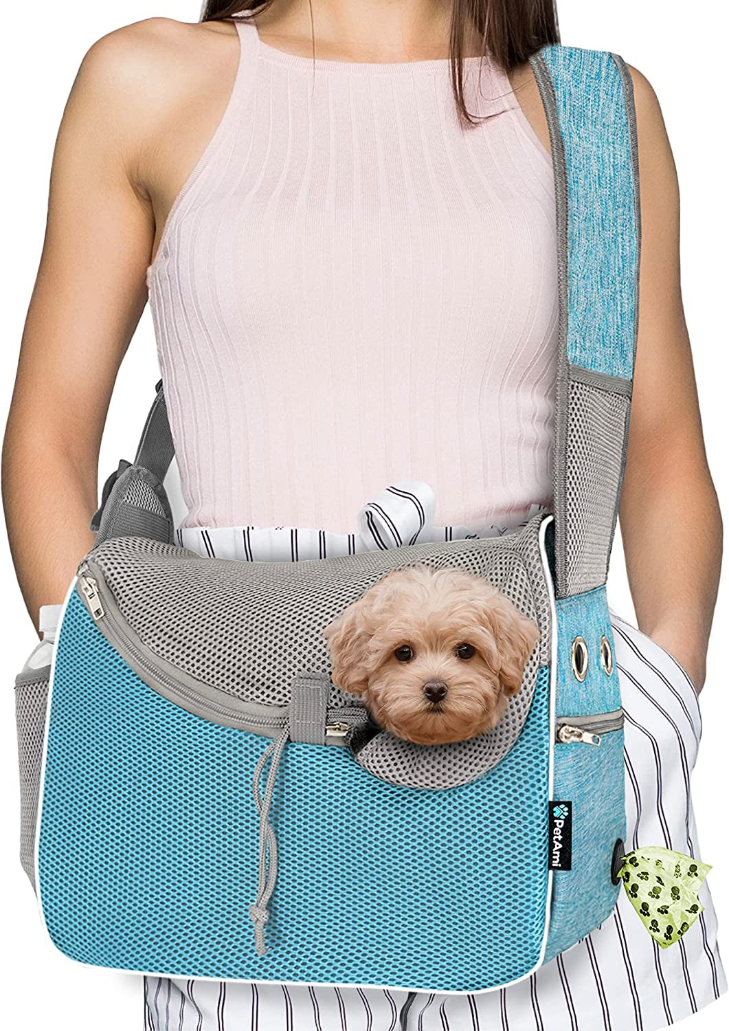 Petami Small Dog Sling Carrier, Soft-Sided Crossbody Puppy Carrying Purse Bag, Adjustable Sling Pet Pouch to Wear Medium Dog Cat Travel, Dog Bag for Traveling, Poop Bag Dispenser, Max 10 Lbs, Blue