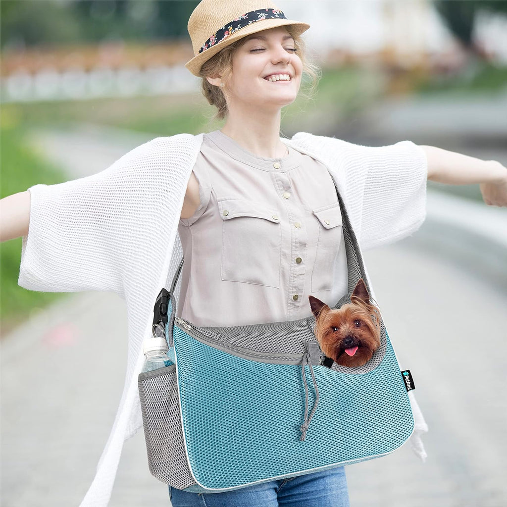 Petami Small Dog Sling Carrier, Soft-Sided Crossbody Puppy Carrying Purse Bag, Adjustable Sling Pet Pouch to Wear Medium Dog Cat Travel, Dog Bag for Traveling, Poop Bag Dispenser, Max 10 Lbs, Blue