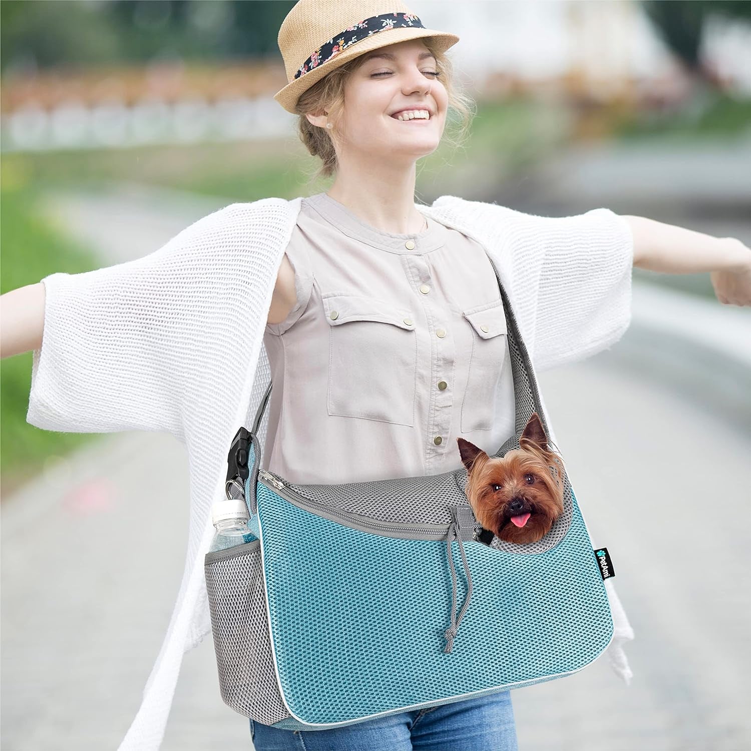 Petami Small Dog Sling Carrier, Soft-Sided Crossbody Puppy Carrying Purse Bag, Adjustable Sling Pet Pouch to Wear Medium Dog Cat Travel, Dog Bag for Traveling, Poop Bag Dispenser, Max 10 Lbs, Blue