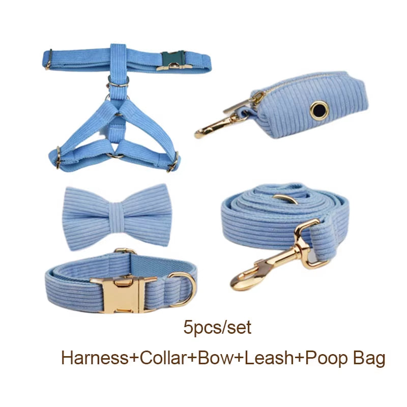 Blue Corduroy Dog Collar and Leash Set for Dogs