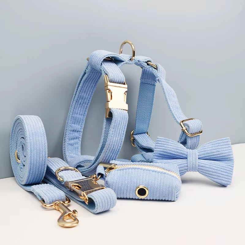 Blue Corduroy Dog Collar and Leash Set for Dogs