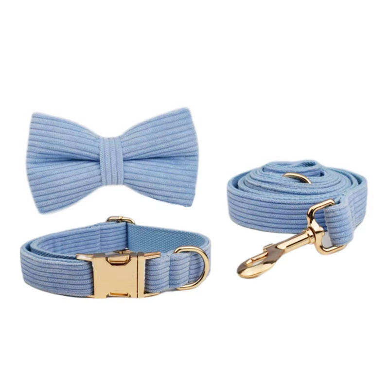 Blue Corduroy Dog Collar and Leash Set for Dogs