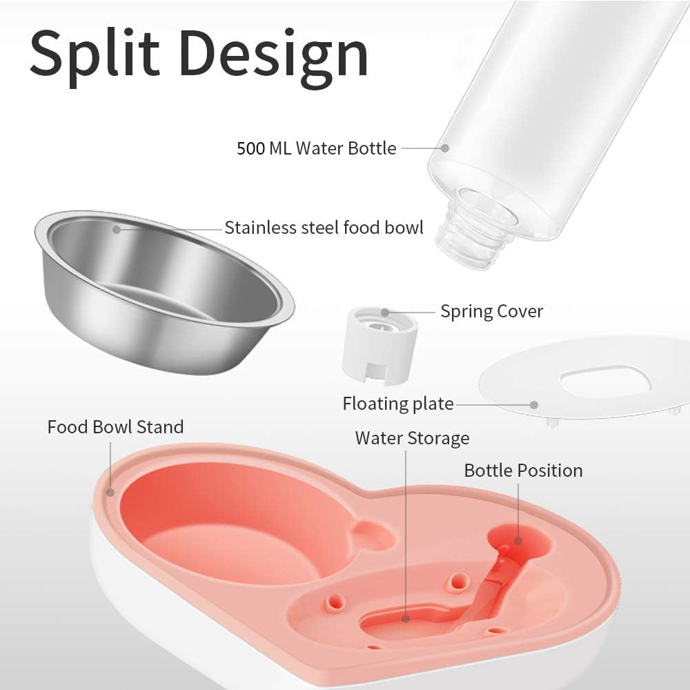 Automatic Pet Feeder 2-In-1 Pet  Feeding Dispenser Detachable Dog Water Bottle and Food Bowl Heart Shaped (Blue)