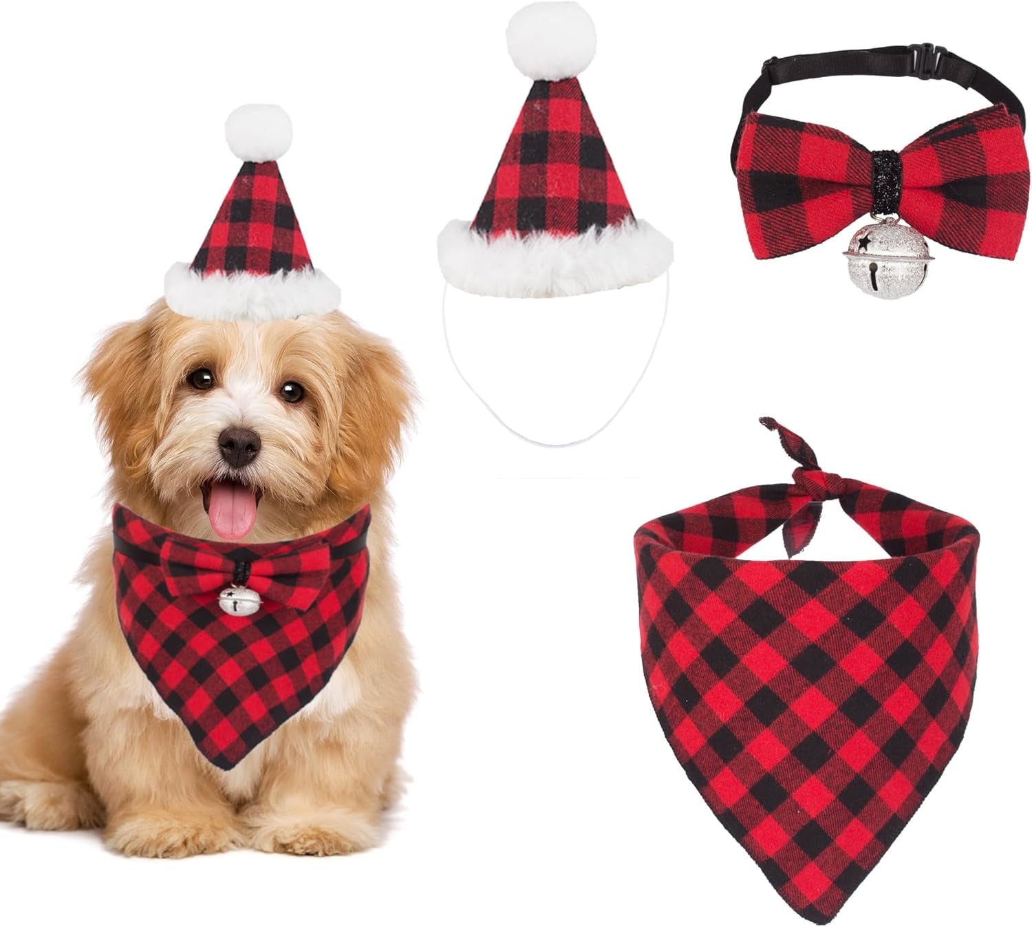ADOGGYGO Christmas Dog Bandana Hat Bow Tie Set - Classic Red Plaid Pet Xmas Scarf Hat Christmas Costume Outfit for Medium Large Dogs Pets (Large)