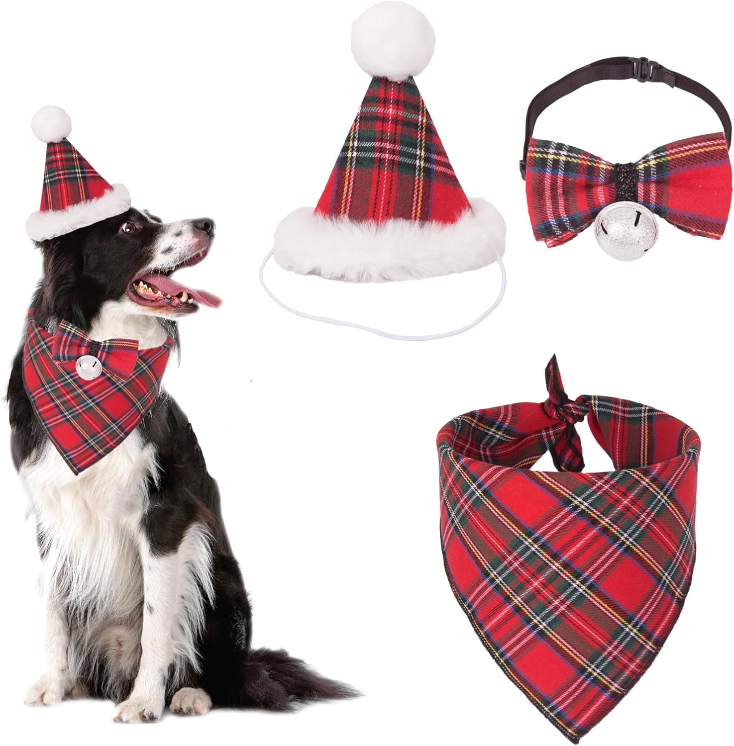 ADOGGYGO Christmas Dog Bandana Hat Bow Tie Set - Classic Red Plaid Pet Xmas Scarf Hat Christmas Costume Outfit for Medium Large Dogs Pets (Large)