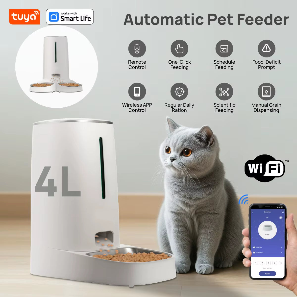 4L Automatic Pet Feeder For1/2Cats,Wifi Smart Feed Automatic Pet Feeder for Cats& Dogs