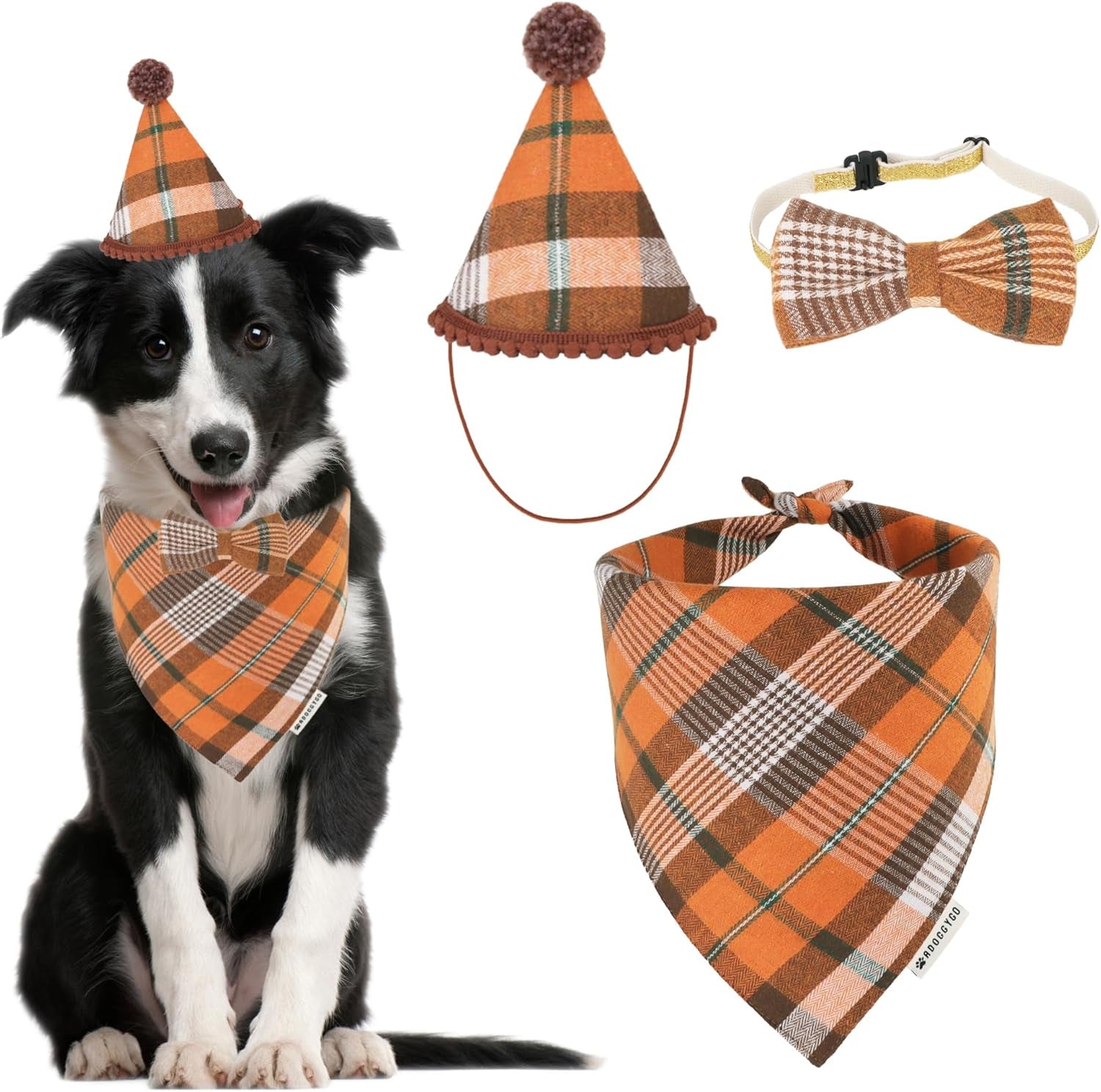 ADOGGYGO Christmas Dog Bandana Hat Bow Tie Set - Classic Red Plaid Pet Xmas Scarf Hat Christmas Costume Outfit for Medium Large Dogs Pets (Large)