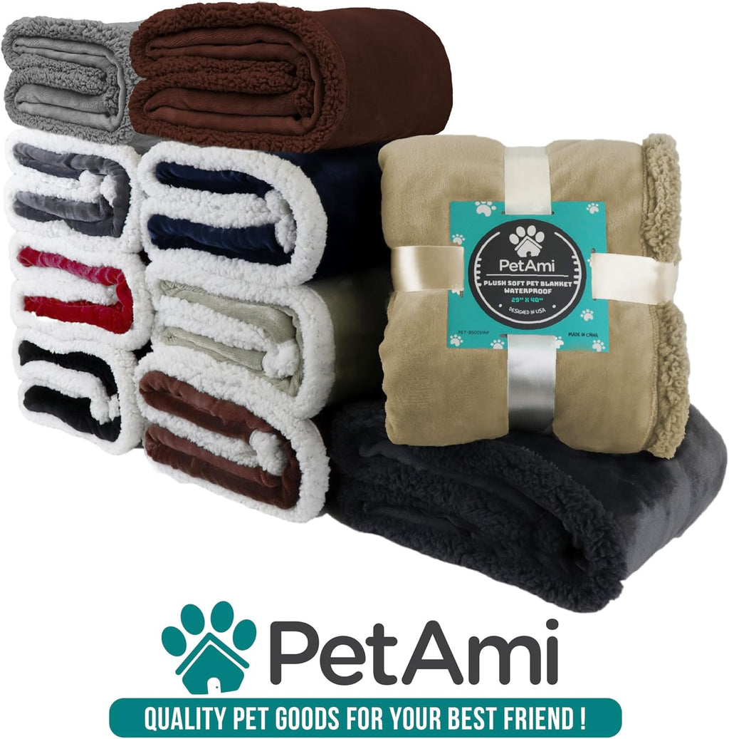 Petami Waterproof Dog Blanket for Queen Bed Large XL Dog Throw for Couch Cover Leakproof Furniture Protection, Sherpa Fleece, Reversible Soft Washable 90X90 Light Gray