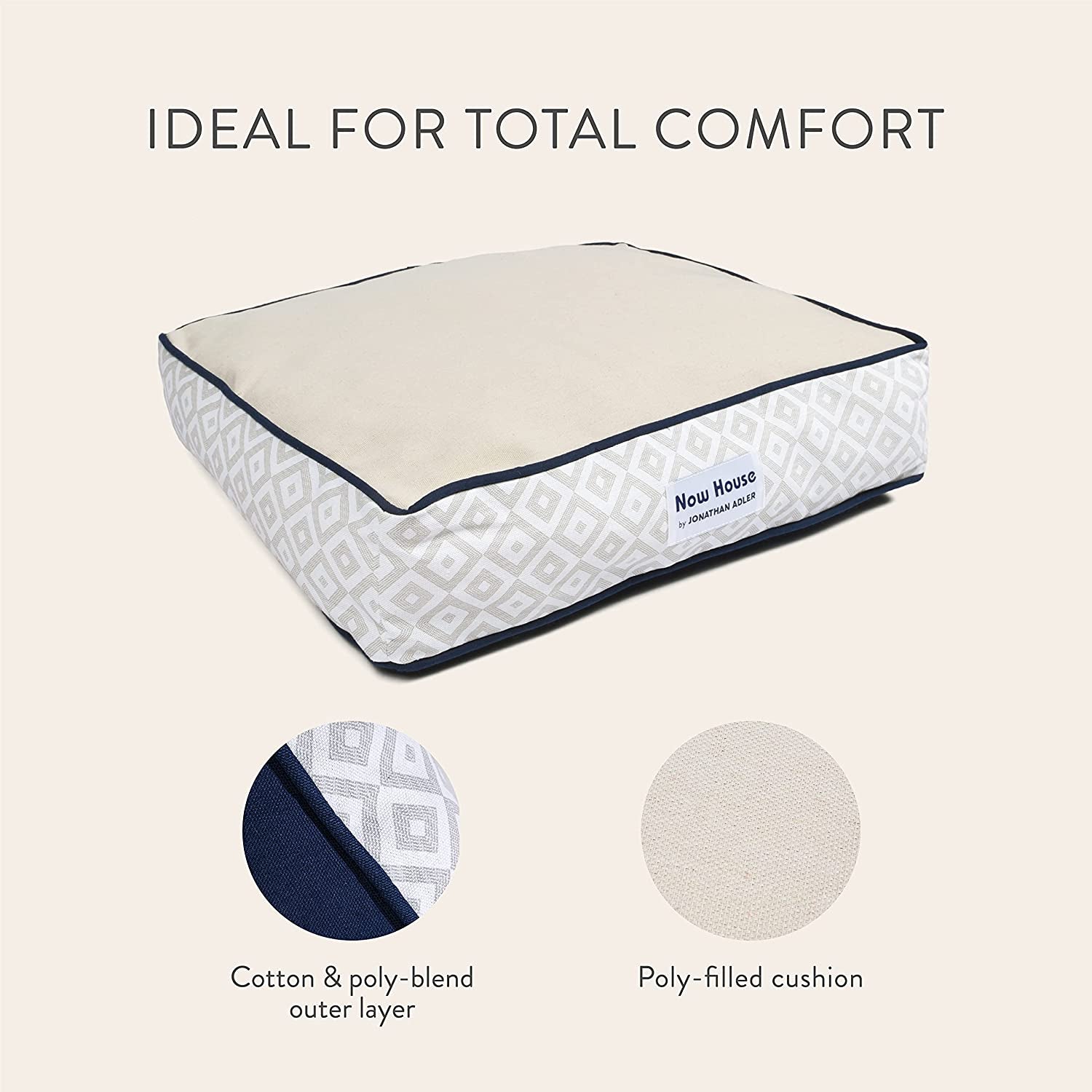 Jonathan Adler Now House for Pets Grey Diamond Cushion Dog Bed, Small Dog Bed, Machine Washable, Cotton/Poly Blend, 17X22X5 Inches