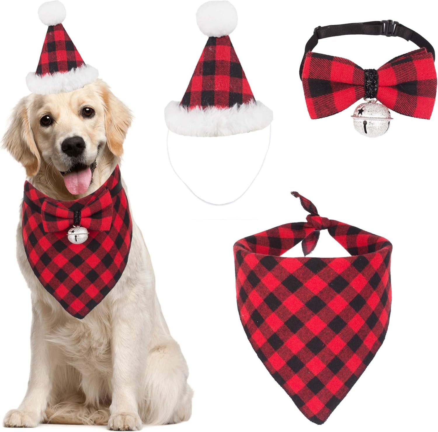ADOGGYGO Christmas Dog Bandana Hat Bow Tie Set - Classic Red Plaid Pet Xmas Scarf Hat Christmas Costume Outfit for Medium Large Dogs Pets (Large)