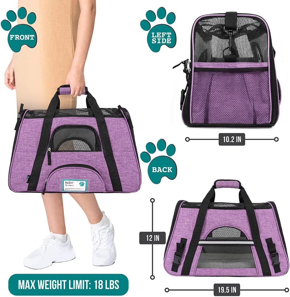 Petami Airline Approved Pet Carrier for Cat, Soft Sided Dog Carrier for Small Dog, Cat Travel Supplies Accessories for Indoor Cat, Ventilated Pet Carrying Bag Medium Kitten Puppy, Large Heather Purple