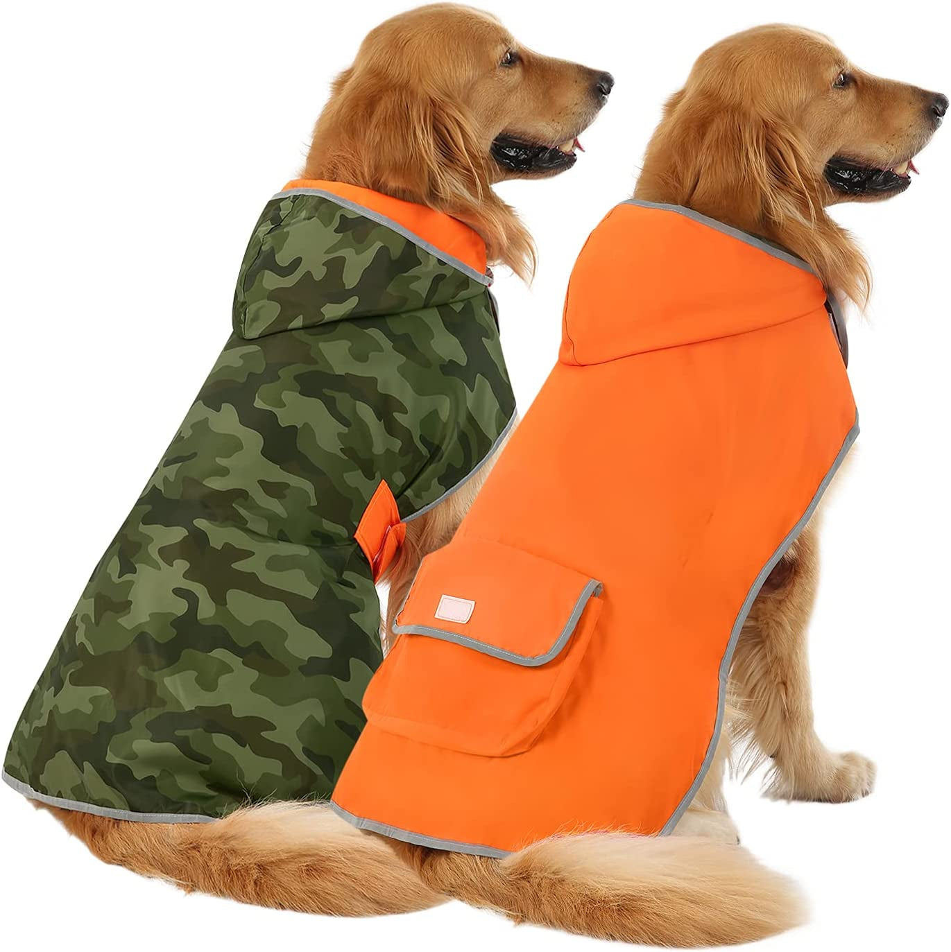 HDE Reversible Dog Raincoat Hooded Slicker Poncho Rain Coat Jacket for Small Medium Large Dogs Camo Orange - L