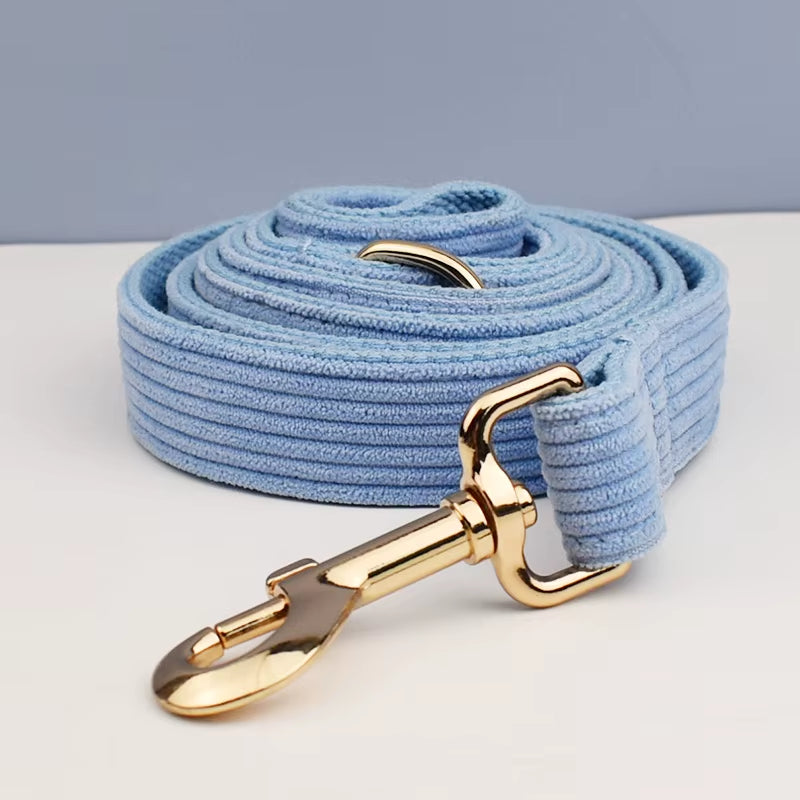 Blue Corduroy Dog Collar and Leash Set for Dogs