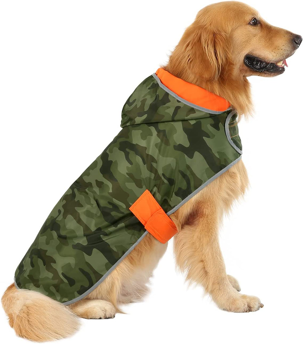HDE Reversible Dog Raincoat Hooded Slicker Poncho Rain Coat Jacket for Small Medium Large Dogs Camo Orange - L