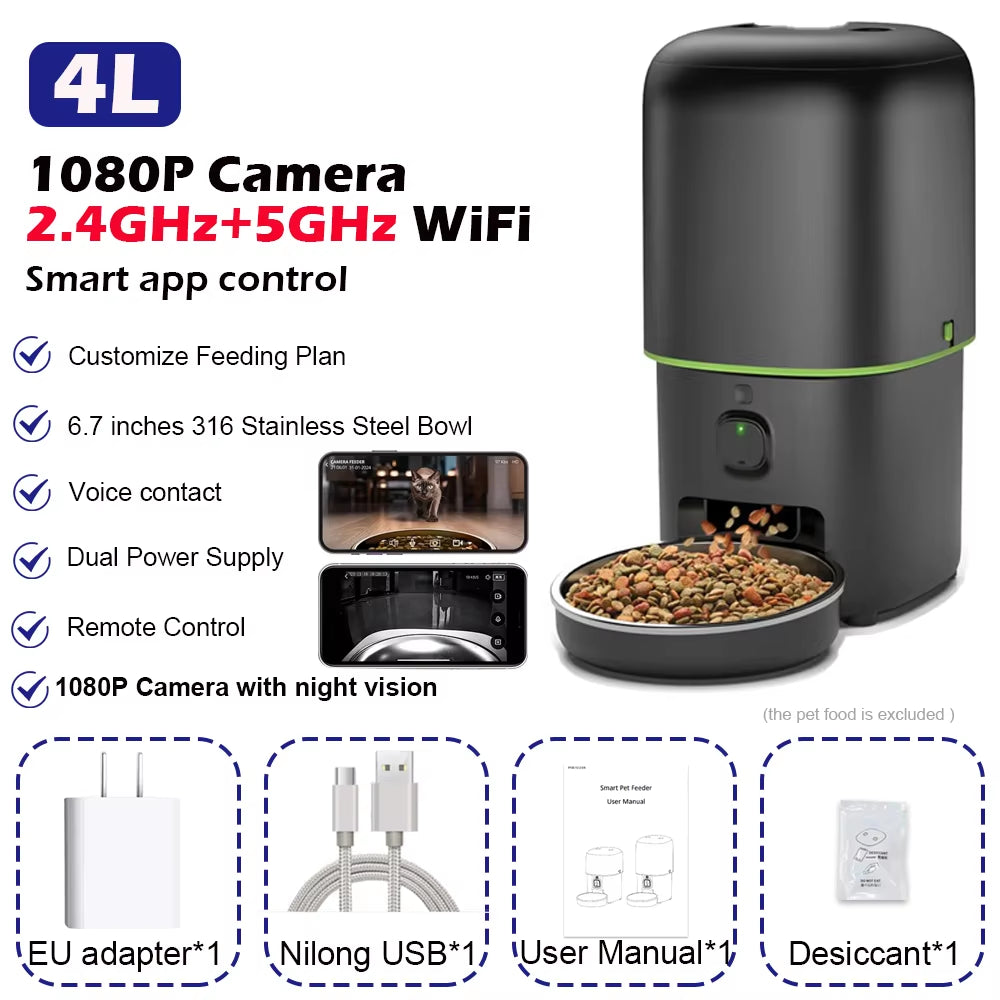 Automatic Cat Feeder — Camera Pet Smart Cat Food Kibble Dispenser 2.4G/5Gwifi.