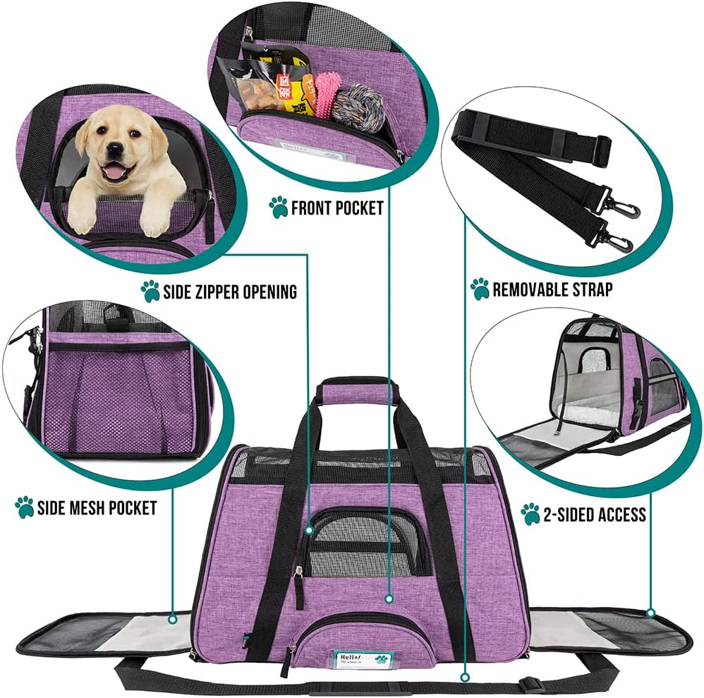 Petami Airline Approved Pet Carrier for Cat, Soft Sided Dog Carrier for Small Dog, Cat Travel Supplies Accessories for Indoor Cat, Ventilated Pet Carrying Bag Medium Kitten Puppy, Large Heather Purple