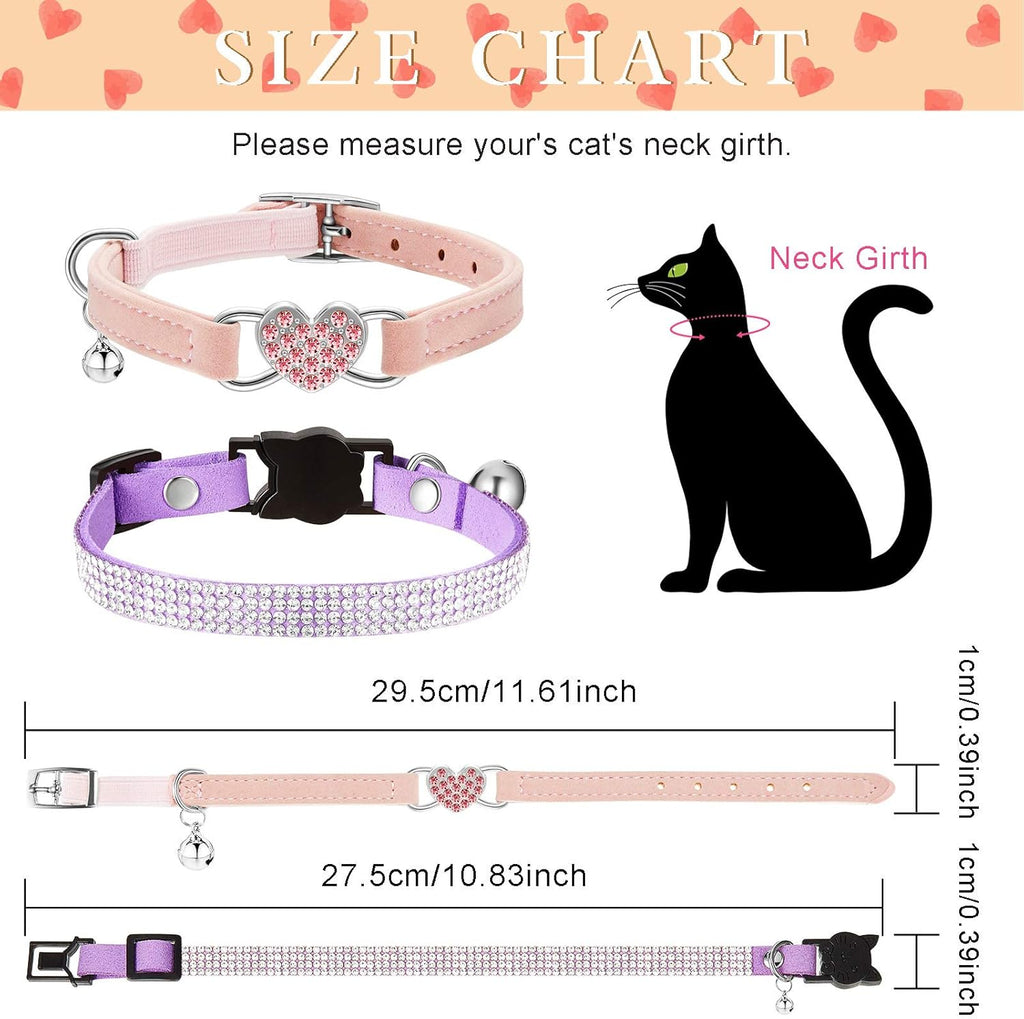 4-Pack Velvet Rhinestone Cat Collars with Bells – Breakaway, Adjustable, Pink & Purple